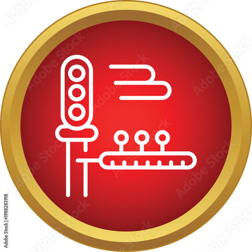 Outline icon representing rail signals and a railway track switch in a red button