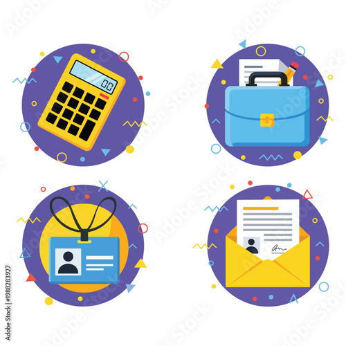 Business Tools: A collection of essential office supplies. Featuring a calculator, briefcase, identification card, and an opened envelope with a document inside.