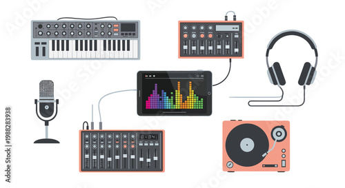 A comprehensive array of music production tools including a peach-colored turntable and a large mixing console is arranged on a clean white background.
