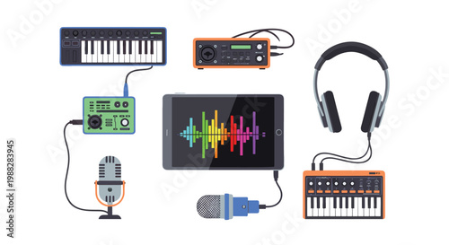 A professional home studio setup featuring a green audio interface and a tablet displaying a vibrant frequency waveform is shown on a white background.