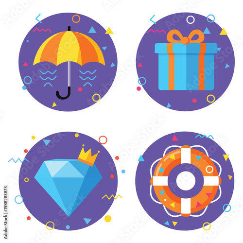 Abstract Illustrated Icons: A collection of vibrant illustrated icons featuring an umbrella, a gift box, a diamond.