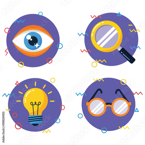 Visual Exploration: A set of vector illustrations showcasing the concepts of vision, analysis, innovation, and insight through symbolic imagery. 