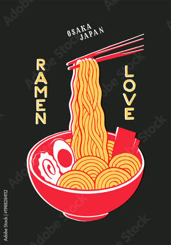 Ramen Love – Chopsticks Holding Noodles Over Bowl, Vintage Typography T-Shirt Print Vector Illustration