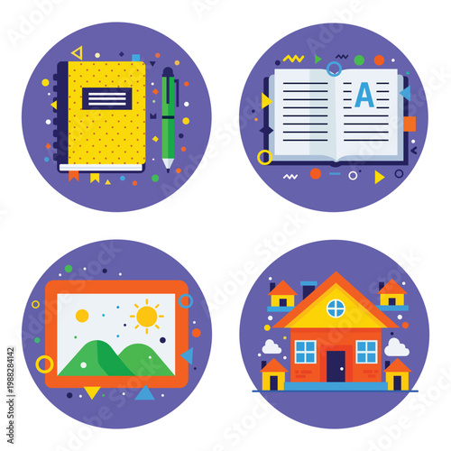 A Collage of Daily Life Elements: A vibrant, artistic collage showcases four circular illustrations of everyday life: a notebook and pen for recording thoughts, an open book for knowledge.
