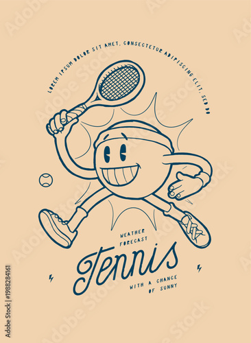 Tennis Sun Character Smiling Before Forehand Shot – Vintage Typography T-Shirt Print Vector Illustration