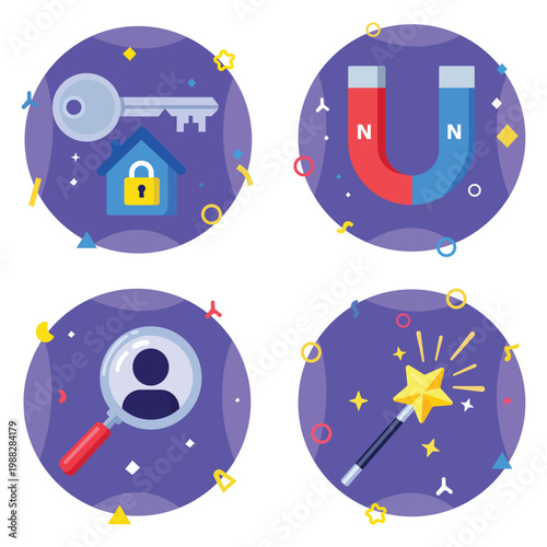 Symbolic Icons: A set of four stylized icons, each representing a distinct concept or idea: home security, magnetic attraction, talent search, and wish fulfillment. This collection.