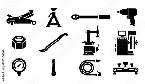 Tyre Change and Workshop Tool Silhouettes – Jack, Torque Wrench, Tire Equipment Icons
