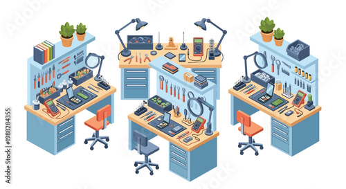 Detailed isometric view of sophisticated blue laboratory desks featuring orange ergonomic chairs and comprehensive tool racks for advanced electronic engineering tasks.