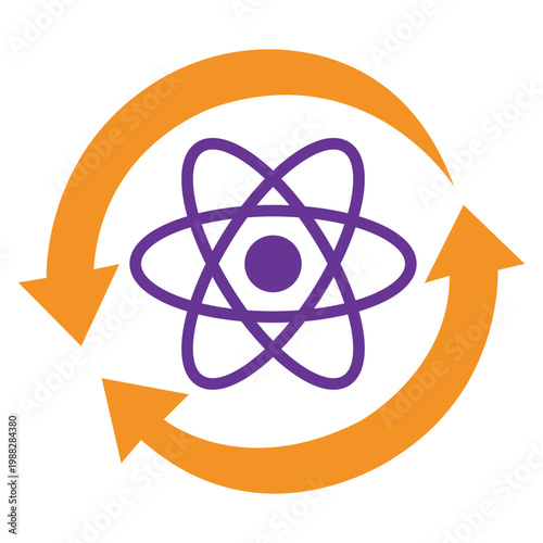 Atom in Motion:  A vibrant visual metaphor of the atom's continuous cycle, symbolized by a central atom encircled by arrows, representing endless scientific process.