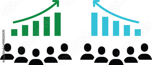 Business and finance infographic elements with charts, arrows, percentage circles and growth graphs in green and blue colors on white background, ideal for data visualization designs.