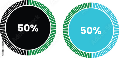 Business and finance infographic elements with charts, arrows, percentage circles and growth graphs in green and blue colors on white background, ideal for data visualization designs.