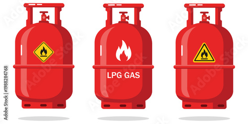 LPG Gas Tanks: Three red LPG gas tanks are lined up, featuring warning signs and the words LPG GAS, providing a clear visual representation of safety and energy.
