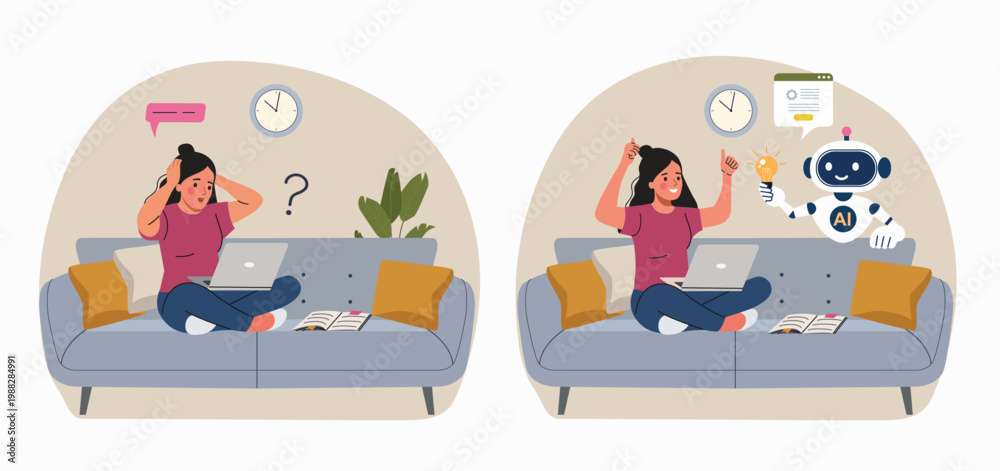 Obraz premium Woman solving problem with artificial intelligence assistant, AI helping with idea and productivity, before and after concept. Flat style cartoon vector illustration.
