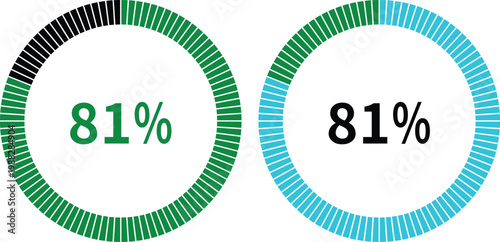 Business and finance infographic elements with charts, arrows, percentage circles and growth graphs in green and blue colors on white background, ideal for data visualization designs.