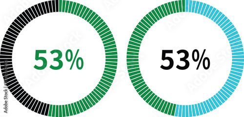 Business and finance infographic elements with charts, arrows, percentage circles and growth graphs in green and blue colors on white background, ideal for data visualization designs.