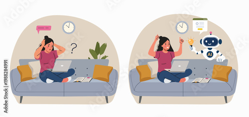 Woman solving problem with artificial intelligence assistant, AI helping with idea and productivity, before and after concept. Flat style cartoon vector illustration.