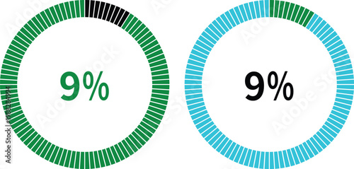 Business and finance infographic elements with charts, arrows, percentage circles and growth graphs in green and blue colors on white background, ideal for data visualization designs.