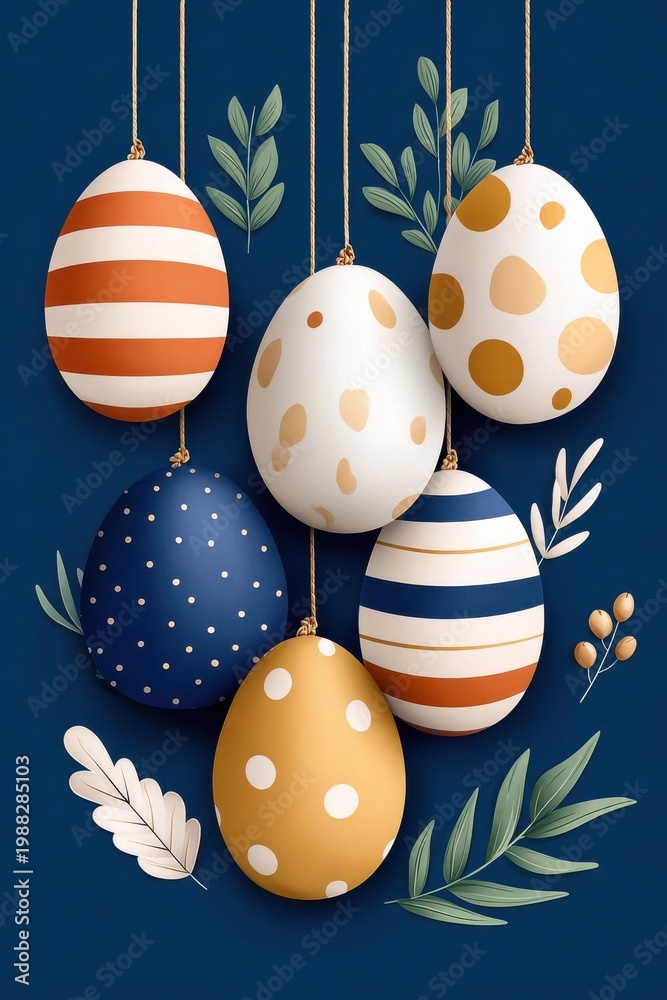 Fototapeta premium Hand-drawn Easter eggs hanging on strings against a navy blue background with leaves