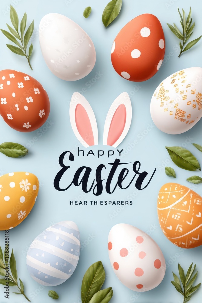 Fototapeta premium Happy Easter banner with hand-drawn eggs, bunny ears and spring leaves on pastel background