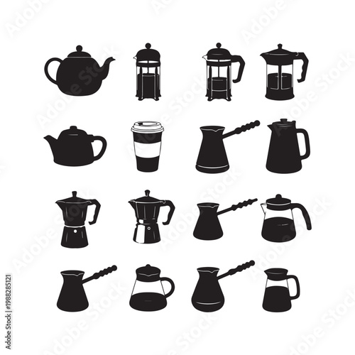 Set of coffee and tea brewing equipment icons