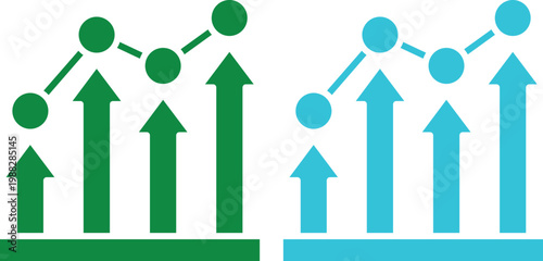 Business and finance infographic elements with charts, arrows, percentage circles and growth graphs in green and blue colors on white background, ideal for data visualization designs.