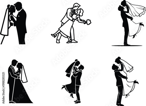 black and white silhouettes of couples kissing and dancing together in love