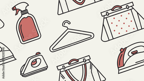 Flat illustration of cleaning and travel accessories arranged in a playful composition.