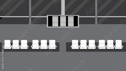 Minimalist flat design of a gray train with white seats and empty passenger cars.