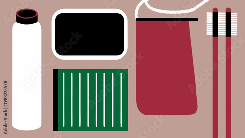 Flat design icons of a toothpaste tube, soap, and red apron with striped towel.