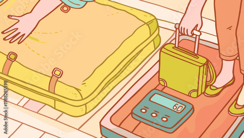 Illustrated suitcase packed with travel essentials including toiletries and clothing items.