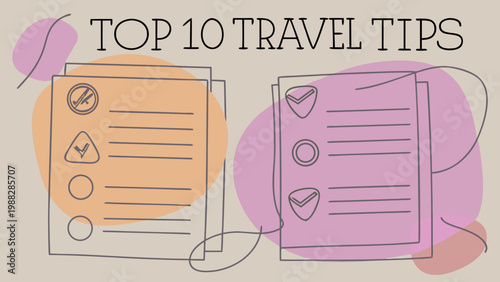 Top 10 travel tips checklist with handwritten notes and decorative doodles in soft colors.