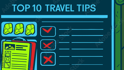 Travel tips checklist highlighting correct and incorrect packing choices with icons.