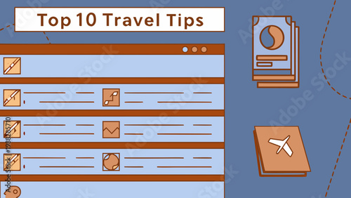 Top 10 travel tips infographic featuring packing, currency, and document icons.