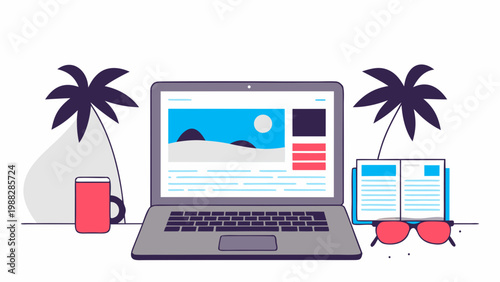 Laptop displaying travel website surrounded by tropical vacation accessories and drinks.