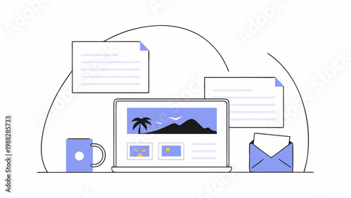 Flat design illustration of a laptop surrounded by floating documents and icons in a cloud shape.
