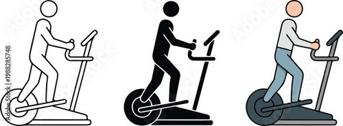 Minimal flat illustration of elliptical machines with figures exercising gym equipment in line art and color variations vector