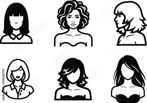 set of six women faces in different hairstyles and poses