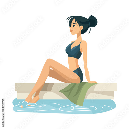 A young woman relaxes by the pool with her feet in the water. Summer vacation. A woman in a swimsuit enjoys a spa treatment or a resort vacation. Flat vector illustration.
