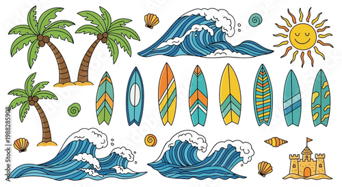 Summer Beach Vibes: Palm Trees, Surfboards, Waves, Sun, and Sandcastle - Vector Illustration
