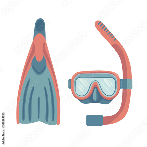 Snorkeling set with fins and mask with snorkel tube, diving equipment for underwater swimming, minimal aquatic gear isolated on white flat vector illustration