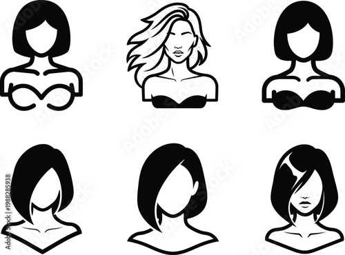 six black and white illustrations of women with different hairstyles and expressions
