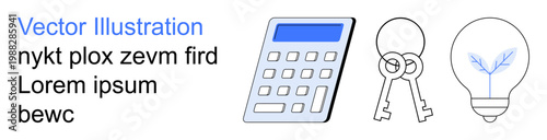 Business planning, data security, innovation, financial management, creativity, and organization. ion of a calculator, keys and a light bulb. Business planning and data security concepts