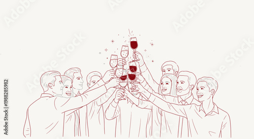 Diverse group of people celebrating with a wine toast, illustration, cheers, party, success