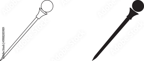 Magic wand scepter with mystical orb crystal in black silhouette and outline vector illustration.