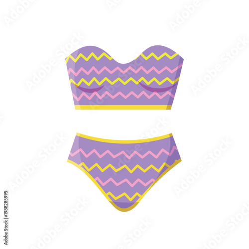 Purple patterned bikini set flat vector illustration, modern female swimwear with zigzag print isolated on white background, summer beach fashion clothing design