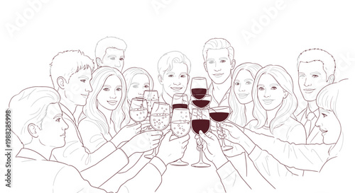 Group of friends toasting with wine glasses, celebrating a special occasion, diverse people enjoying a party
