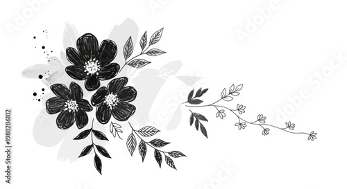 Hand-drawn black and white floral arrangement with leaves and abstract watercolor splashes.