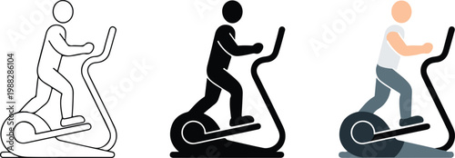 Minimal flat illustration of elliptical machines with figures exercising gym equipment in line art and color variations vector
