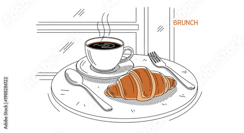 Hand-drawn illustration of a croissant and coffee on a table, perfect for brunch.