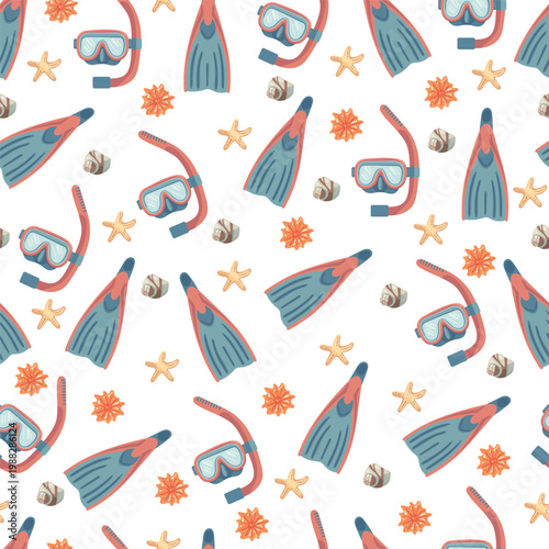 Seamless pattern snorkeling with mask fins and seashells vector illustration, summer beach underwater theme repeating background for textile and wallpaper design
